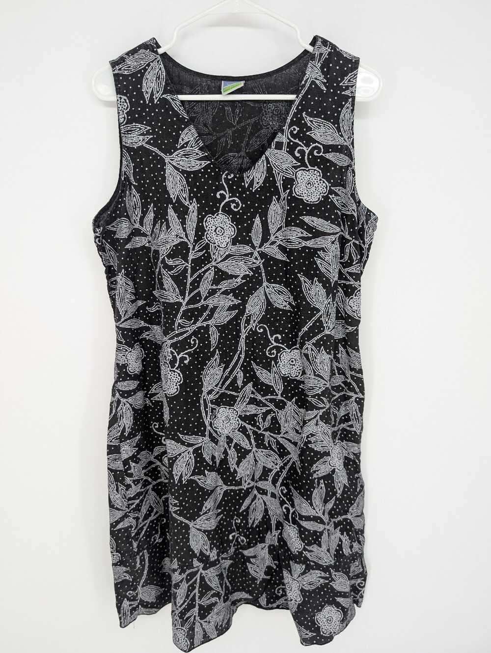 Vtg Sunny Side Up L 100% Linen Dress Black Floral USA Boho Cottagecore Resort